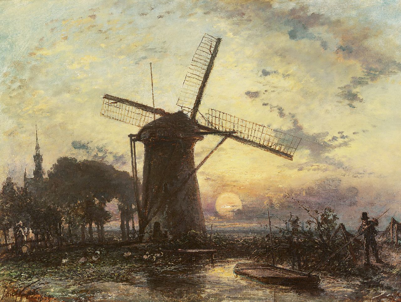 Jongkind J.B. | Johan Barthold Jongkind, Molen bij zonsondergang bij Overschie, olieverf op doek 42,3 x 56,2 cm, gesigneerd linksonder en gedateerd 1859 Jongkind J.B. | Johan Barthold Jongkind, Molen bij zonsondergang bij Overschie, olieverf op doek 42,3 x 56,2 cm, gesigneerd linksonder en gedateerd 1859