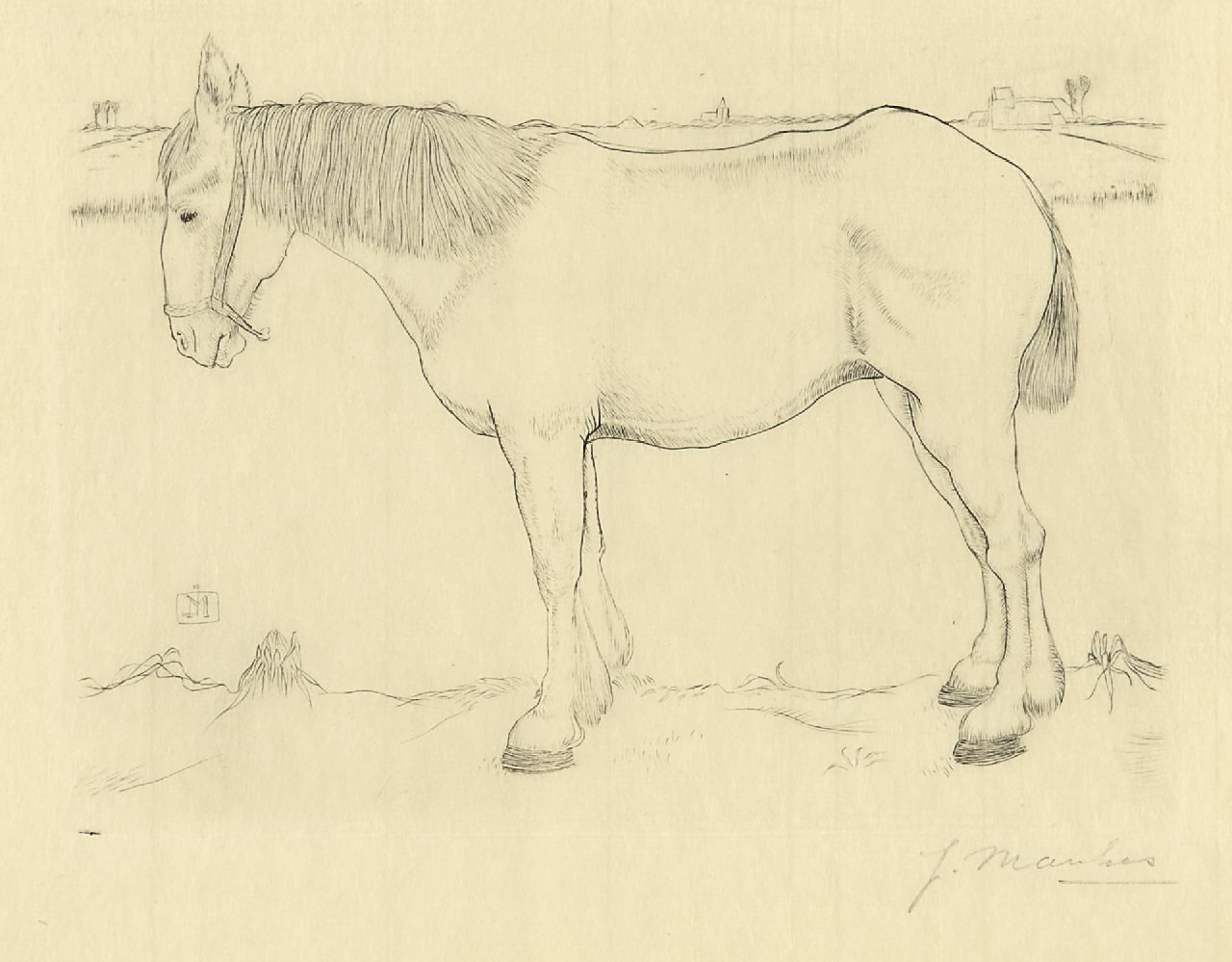 Mankes J. | Jan Mankes, Paard naar links staand, kopergravure op papier 14,0 x 17,5 cm, gesigneerd rechtsonder voluit (in potlood) en met mon. in de plaat en te dateren 1917 Mankes J. | Jan Mankes, Paard naar links staand, kopergravure op papier 14,0 x 17,5 cm, gesigneerd rechtsonder voluit (in potlood) en met mon. in de plaat en te dateren 1917