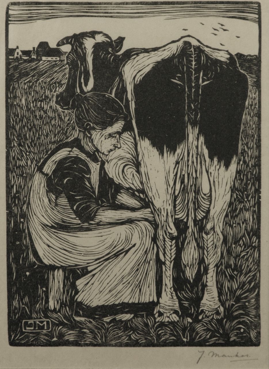 Mankes J. | Jan Mankes, Koemelkster, houtsnede op papier 19,1 x 14,2 cm, gesigneerd rechtsonder voluit (in potlood) en met mon. in het blok en te dateren 1914 Mankes J. | Jan Mankes, Koemelkster, houtsnede op papier 19,1 x 14,2 cm, gesigneerd rechtsonder voluit (in potlood) en met mon. in het blok en te dateren 1914
