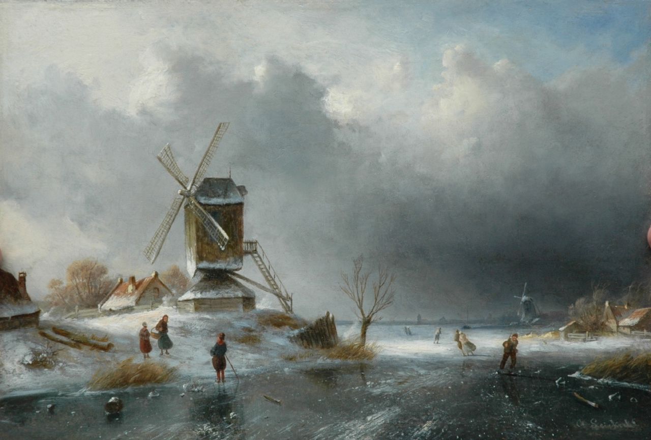 Leickert C.H.J. | 'Charles' Henri Joseph Leickert, Molen langs een bevroren vaart, olieverf op paneel 26,0 x 38,0 cm, gesigneerd rechtsonder Leickert C.H.J. | 'Charles' Henri Joseph Leickert, Molen langs een bevroren vaart, olieverf op paneel 26,0 x 38,0 cm, gesigneerd rechtsonder