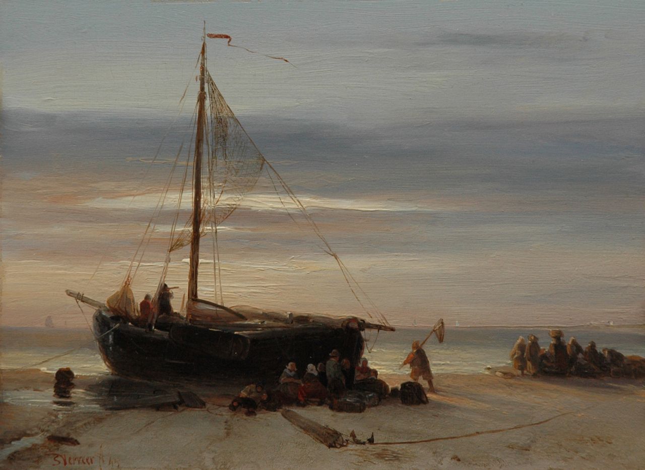 Verveer S.L. | 'Salomon' Leonardus Verveer, Visafslag op het strand bij zonsondergang, olieverf op paneel 17,9 x 24,1 cm, gesigneerd linksonder en gedateerd '43 Verveer S.L. | 'Salomon' Leonardus Verveer, Visafslag op het strand bij zonsondergang, olieverf op paneel 17,9 x 24,1 cm, gesigneerd linksonder en gedateerd '43