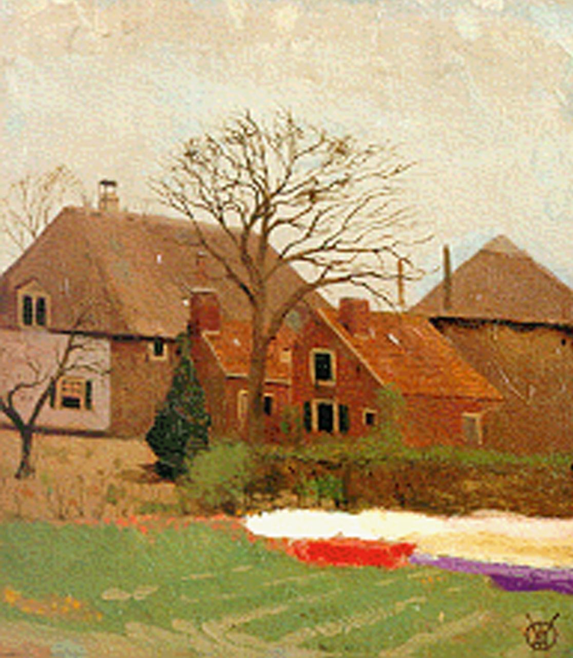 Dijsselhof G.W. | Gerrit Willem Dijsselhof, Boerderij Bronstee in Heemstede, olieverf op doek op paneel 23,8 x 21,1 cm, gesigneerd rechtsonder mon en te dateren 1906 Dijsselhof G.W. | Gerrit Willem Dijsselhof, Boerderij Bronstee in Heemstede, olieverf op doek op paneel 23,8 x 21,1 cm, gesigneerd rechtsonder mon en te dateren 1906