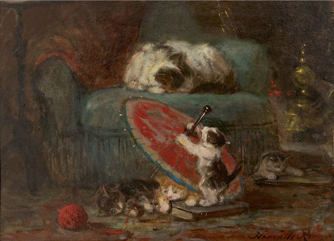 Ronner-Knip H. | Henriette Ronner-Knip, Spelende katjes met een Japanse parasol, olieverf op papier op paneel 27,3 x 36,8 cm, gesigneerd rechtsonder en linksonder en te dateren ca. 1890 Ronner-Knip H. | Henriette Ronner-Knip, Spelende katjes met een Japanse parasol, olieverf op papier op paneel 27,3 x 36,8 cm, gesigneerd rechtsonder en linksonder en te dateren ca. 1890