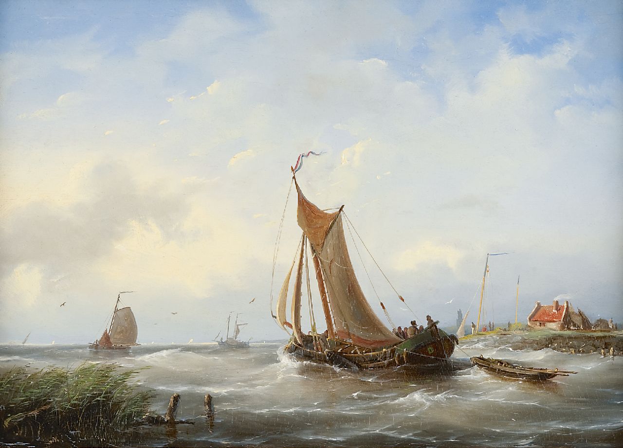 Riegen N.  | Nicolaas Riegen, Uitzeilende vissersschepen, olieverf op paneel 30,0 x 41,7 cm, gesigneerd linksonder (vaag)