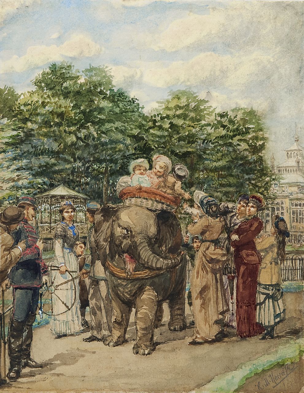 Horrix H.M. | Hendrikus Matheus 'Mathieu' Horrix, De dierentuin in Den Haag: een ritje op de olifant, aquarel op papier 28,5 x 22,3 cm, gesigneerd rechtsonder Horrix H.M. | Hendrikus Matheus 'Mathieu' Horrix, De dierentuin in Den Haag: een ritje op de olifant, aquarel op papier 28,5 x 22,3 cm, gesigneerd rechtsonder