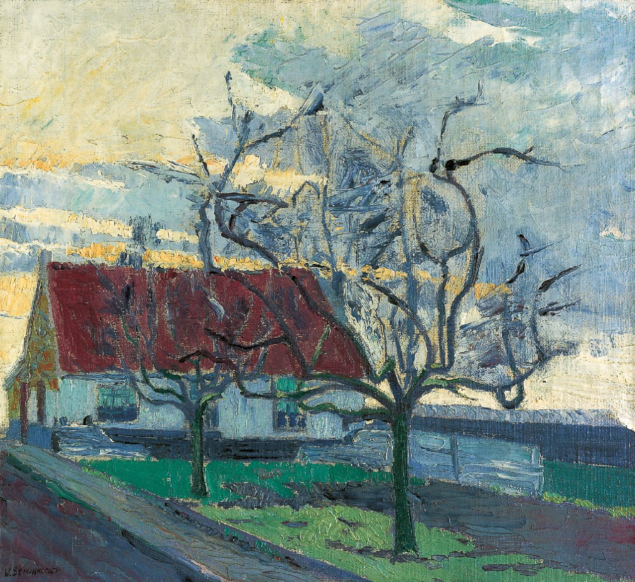 Schuhmacher W.G.C.  | Wijtze Gerrit Carel 'Wim' Schuhmacher | Schilderijen te koop aangeboden | Een boerderij, olieverf op doek 39,3 x 43,0 cm, gesigneerd linksonder en te dateren ca. 1914