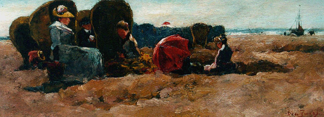 Zwart W.H.P.J. de | Wilhelmus Hendrikus Petrus Johannes 'Willem' de Zwart, Aan het strand, olieverf op paneel 14,0 x 36,0 cm, gesigneerd rechtsonder Zwart W.H.P.J. de | Wilhelmus Hendrikus Petrus Johannes 'Willem' de Zwart, Aan het strand, olieverf op paneel 14,0 x 36,0 cm, gesigneerd rechtsonder