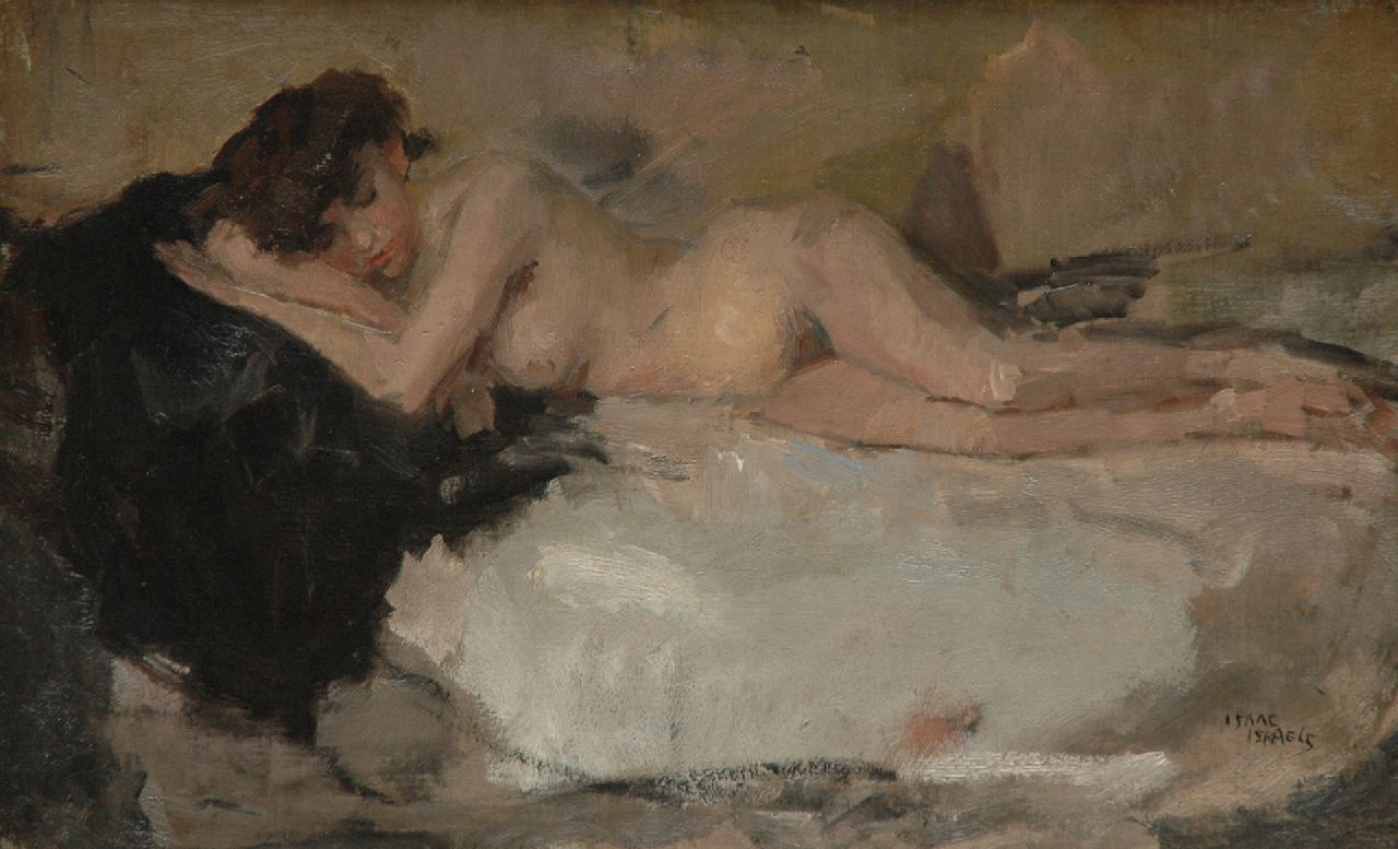 Israels I.L. | 'Isaac' Lazarus Israels, Liggend vrouwelijk naakt, olieverf op doek 40,7 x 65,5 cm, gesigneerd rechtsonder en te dateren 1898-1906 Israels I.L. | 'Isaac' Lazarus Israels, Liggend vrouwelijk naakt, olieverf op doek 40,7 x 65,5 cm, gesigneerd rechtsonder en te dateren 1898-1906