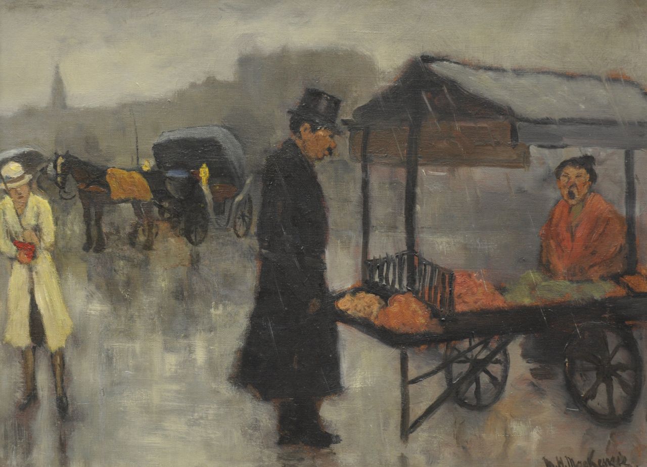 Mackenzie M.H. | Marie Henri Mackenzie, Marktkraam met figuren, olieverf op doek 33,0 x 44,0 cm, gesigneerd rechtsonder Mackenzie M.H. | Marie Henri Mackenzie, Marktkraam met figuren, olieverf op doek 33,0 x 44,0 cm, gesigneerd rechtsonder