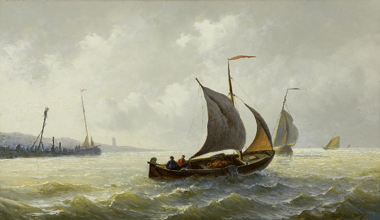 Gruijter jr. W. | Willem Gruijter jr. | Schilderijen te koop aangeboden | Zeilschepen op woelig water, olieverf op paneel 29,9 x 50,1 cm, gesigneerd rechtsonder met initialen en verso voluit en verso gedateerd 1878 Gruijter jr. W. | Willem Gruijter jr. | Schilderijen te koop aangeboden | Zeilschepen op woelig water, olieverf op paneel 29,9 x 50,1 cm, gesigneerd rechtsonder met initialen en verso voluit en verso gedateerd 1878