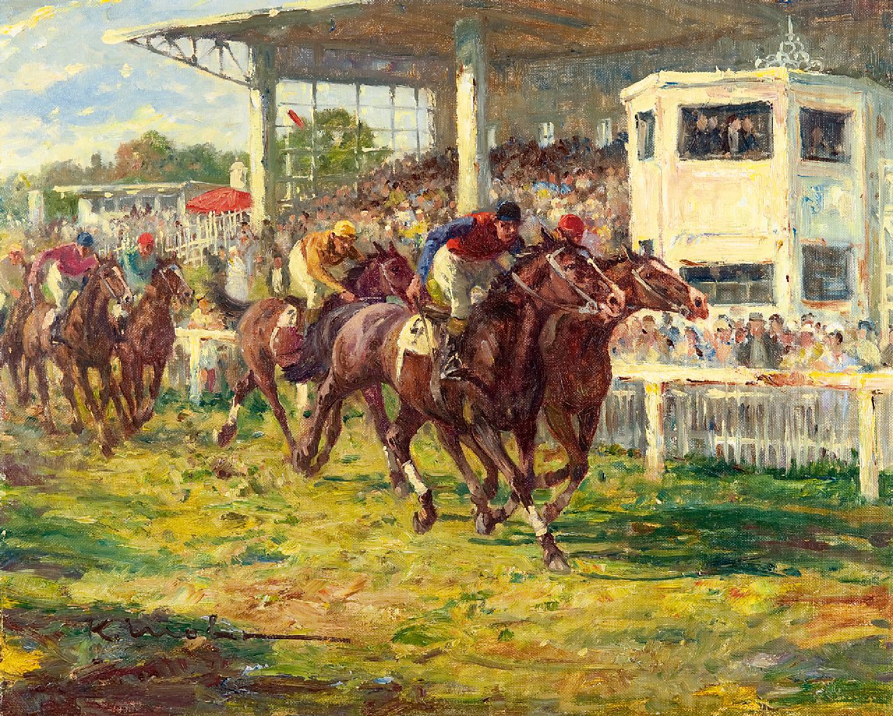 Mohr K. | Karl Mohr | Schilderijen te koop aangeboden | De paardenrennen in Köln-Weidenpesch, olieverf op doek 40,3 x 50,3 cm, gesigneerd linksonder Mohr K. | Karl Mohr | Schilderijen te koop aangeboden | De paardenrennen in Köln-Weidenpesch, olieverf op doek 40,3 x 50,3 cm, gesigneerd linksonder