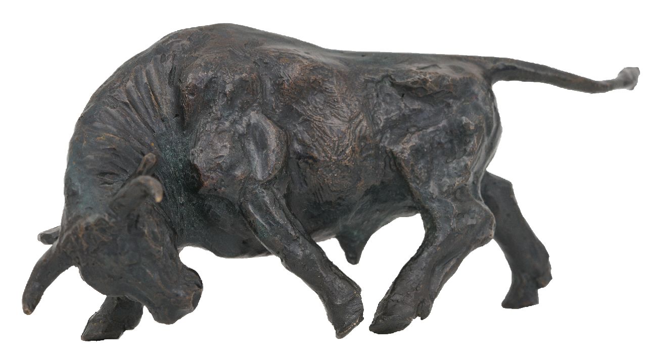 Lipensky F.J.  | Franz Josef Lipensky, Stier, gepatineerd brons 7,5 x 17,0 cm, gesigneerd op buik met monogram