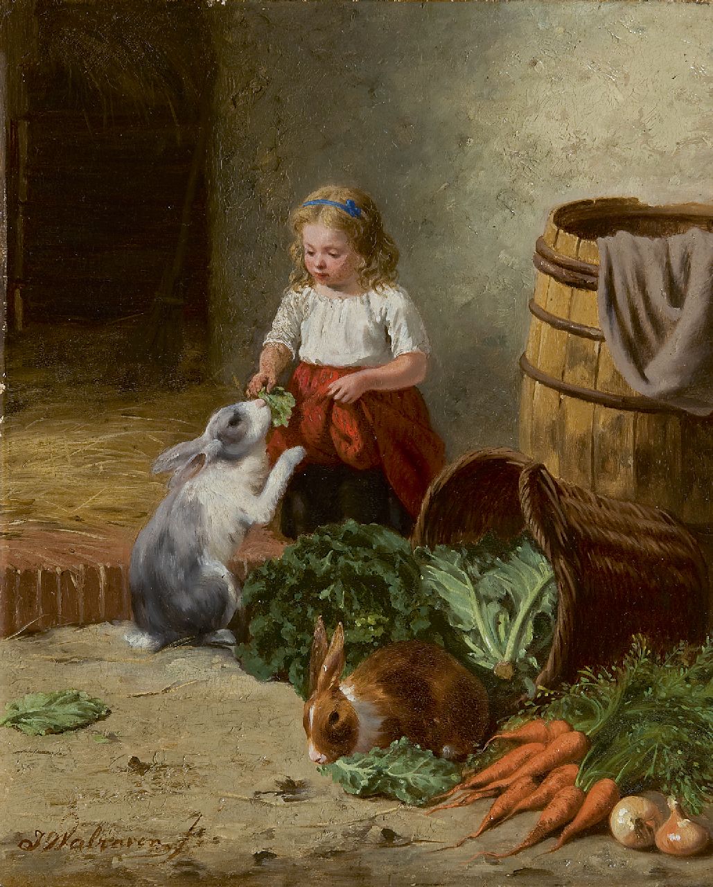 Walraven J.  | Jan Walraven, Konijnen voeren, olieverf op paneel 33,9 x 27,6 cm, gesigneerd linksonder en verso gedateerd 'Bruxelles 1878'