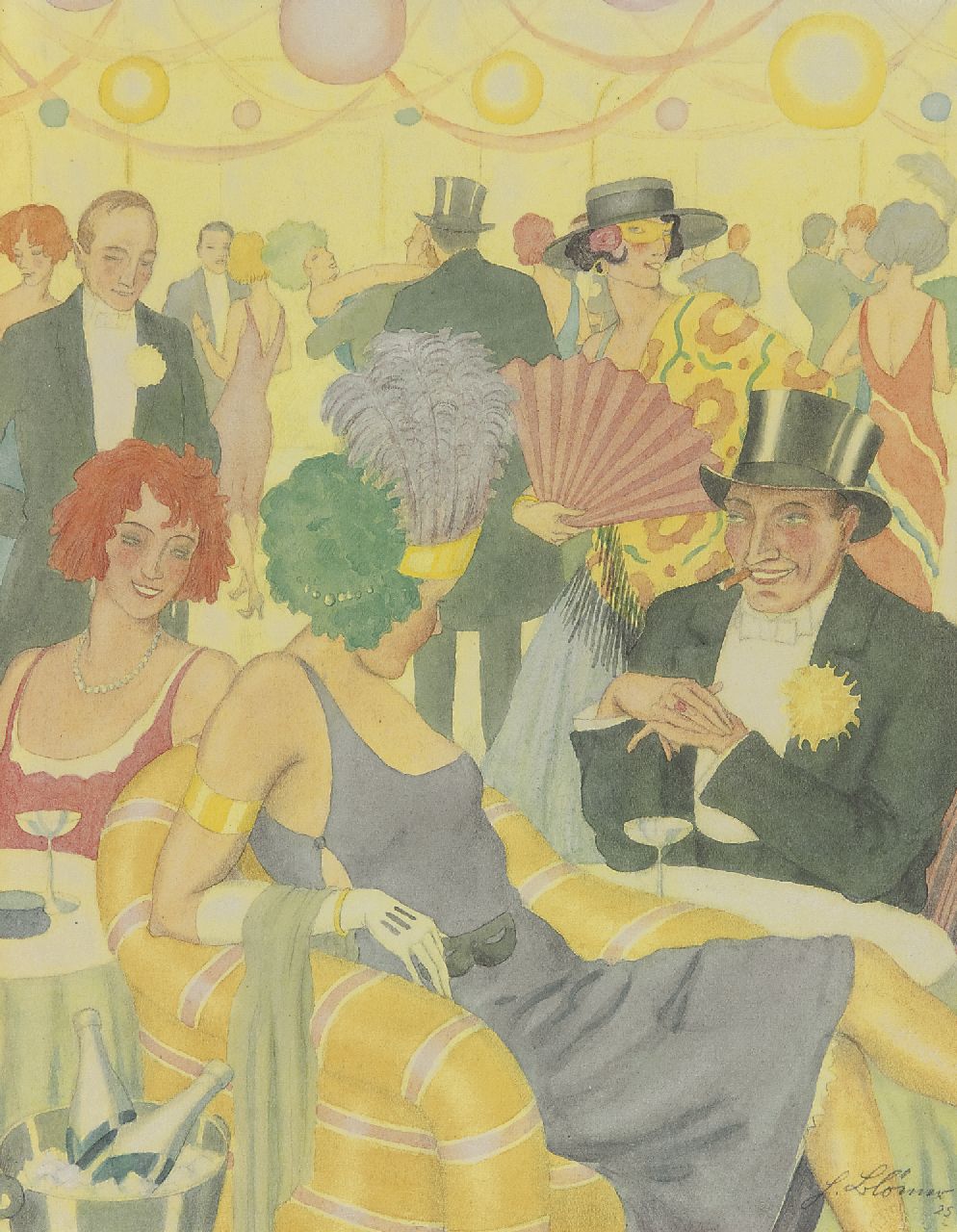 Blömer H.B.  | Hermann Bernhard Blömer, Bal masqué, potlood en aquarel op papier 26,6 x 21,0 cm, gesigneerd rechtsonder en gedateerd '25