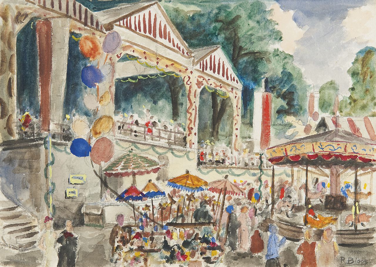 Bloos R.W.  | 'Richard' Willi Bloos, Jaarmarkt, potlood en aquarel op papier 24,3 x 33,1 cm, gesigneerd rechtsonder en r.o. gedateerd (vaag, in potlood) 1950