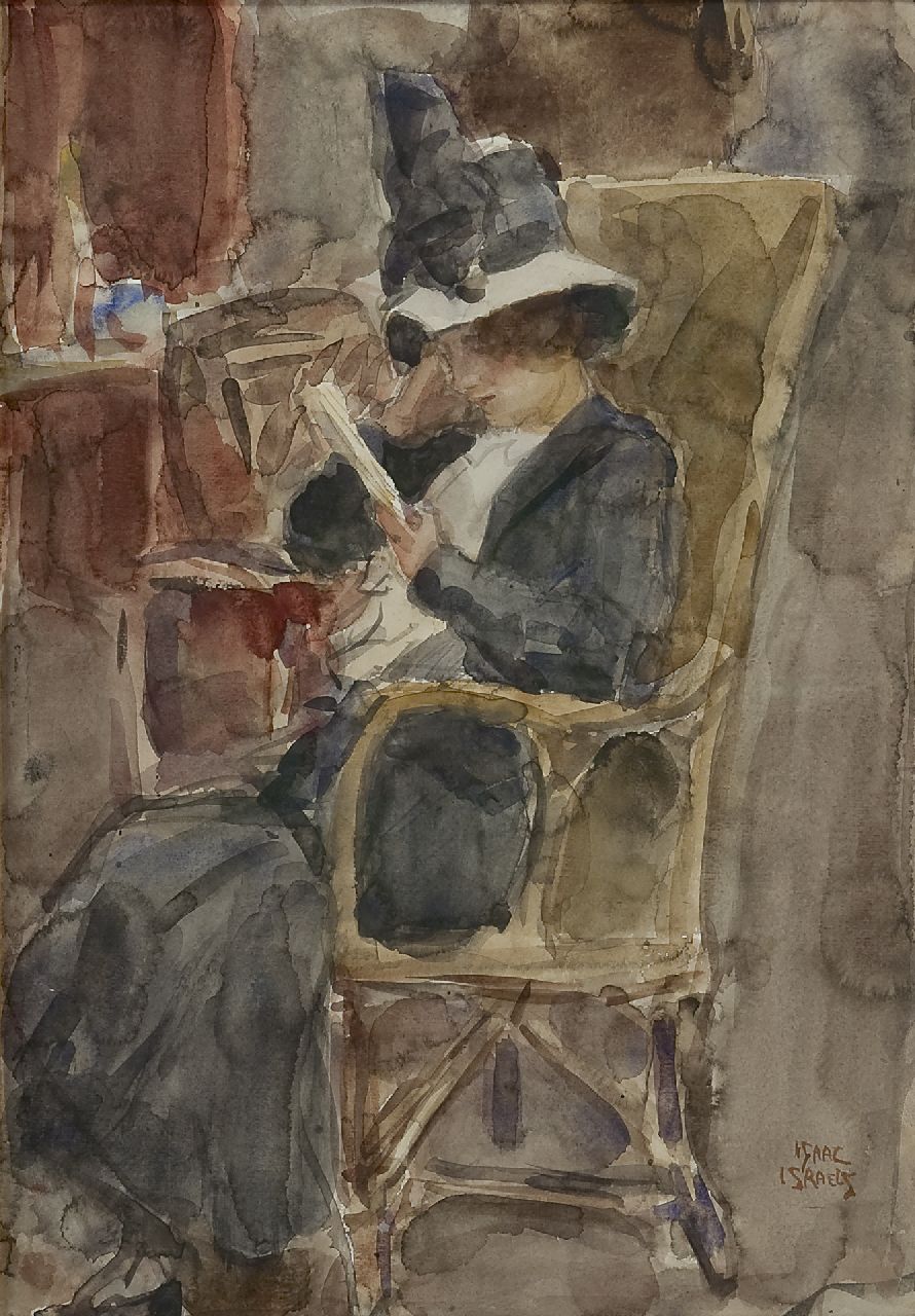 Israels I.L.  | 'Isaac' Lazarus Israels, Vrouw met hoed, lezend, aquarel op papier 50,7 x 35,4 cm, gesigneerd rechtsonder