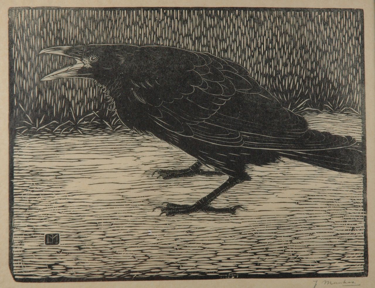 Mankes J.  | Jan Mankes, Schreeuwende kraai, 2e staat, houtsnede op papier 18,3 x 23,8 cm, gesigneerd rechtsonder voluit (in potlood) en met mon. in het blok en te dateren 1918