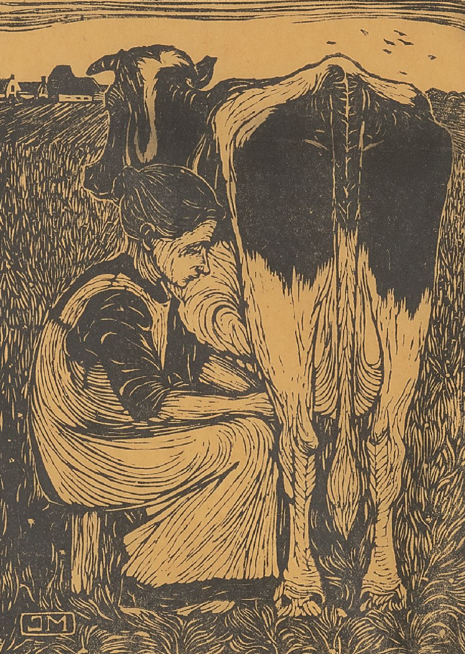 Mankes J. | Jan Mankes, Koemelkster, houtsnede op papier 19,2 x 14,2 cm, gesigneerd rechtsonder voluit (in potlood) en met mon. in het blok en te dateren 1914 Mankes J. | Jan Mankes, Koemelkster, houtsnede op papier 19,2 x 14,2 cm, gesigneerd rechtsonder voluit (in potlood) en met mon. in het blok en te dateren 1914