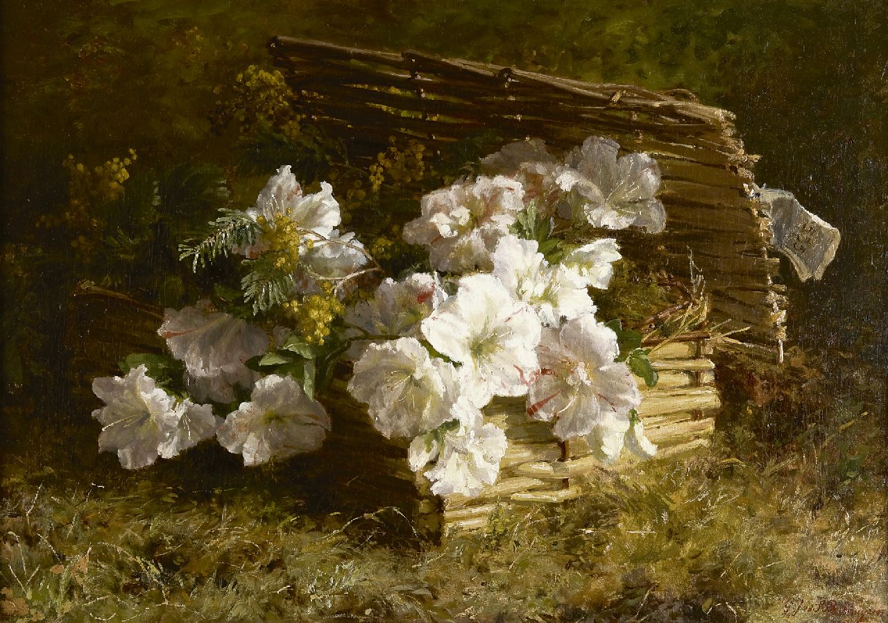 Sande Bakhuyzen G.J. van de | 'Gerardine' Jacoba van de Sande Bakhuyzen, Azalea- en mimosatakken in rieten mand, olieverf op doek 48,0 x 68,3 cm, gesigneerd rechtsonder Sande Bakhuyzen G.J. van de | 'Gerardine' Jacoba van de Sande Bakhuyzen, Azalea- en mimosatakken in rieten mand, olieverf op doek 48,0 x 68,3 cm, gesigneerd rechtsonder