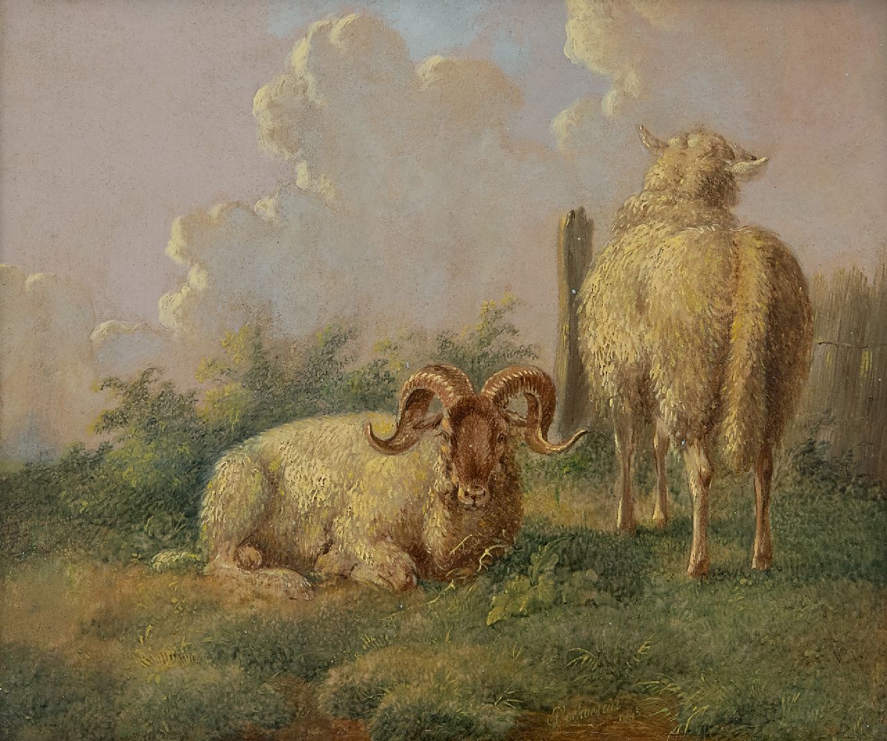 Verhoesen A.  | Albertus Verhoesen | Schilderijen te koop aangeboden | Ram en ooi in zomerse weide, olieverf op paneel 14,5 x 16,5 cm, gesigneerd rechts van het midden. en gedateerd 1845