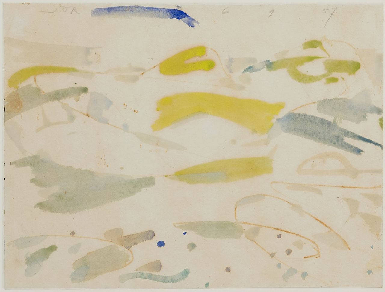 Jordens J.G. | 'Jan' Gerrit Jordens, Schiermonnikoog, aquarel en ecoline op papier 23,6 x 31,1 cm, gesigneerd linksboven en gedateerd 6 9 57 Jordens J.G. | 'Jan' Gerrit Jordens, Schiermonnikoog, aquarel en ecoline op papier 23,6 x 31,1 cm, gesigneerd linksboven en gedateerd 6 9 57