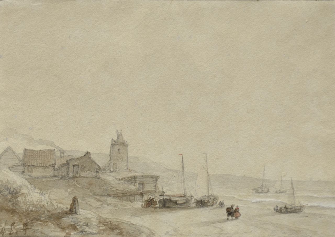 Schelfhout A. | Andreas Schelfhout, Vissersvolk en bomschuiten op het strand, gewassen inkt en aquarel op papier 13,0 x 19,0 cm, gesigneerd linksonder met initialen Schelfhout A. | Andreas Schelfhout, Vissersvolk en bomschuiten op het strand, gewassen inkt en aquarel op papier 13,0 x 19,0 cm, gesigneerd linksonder met initialen