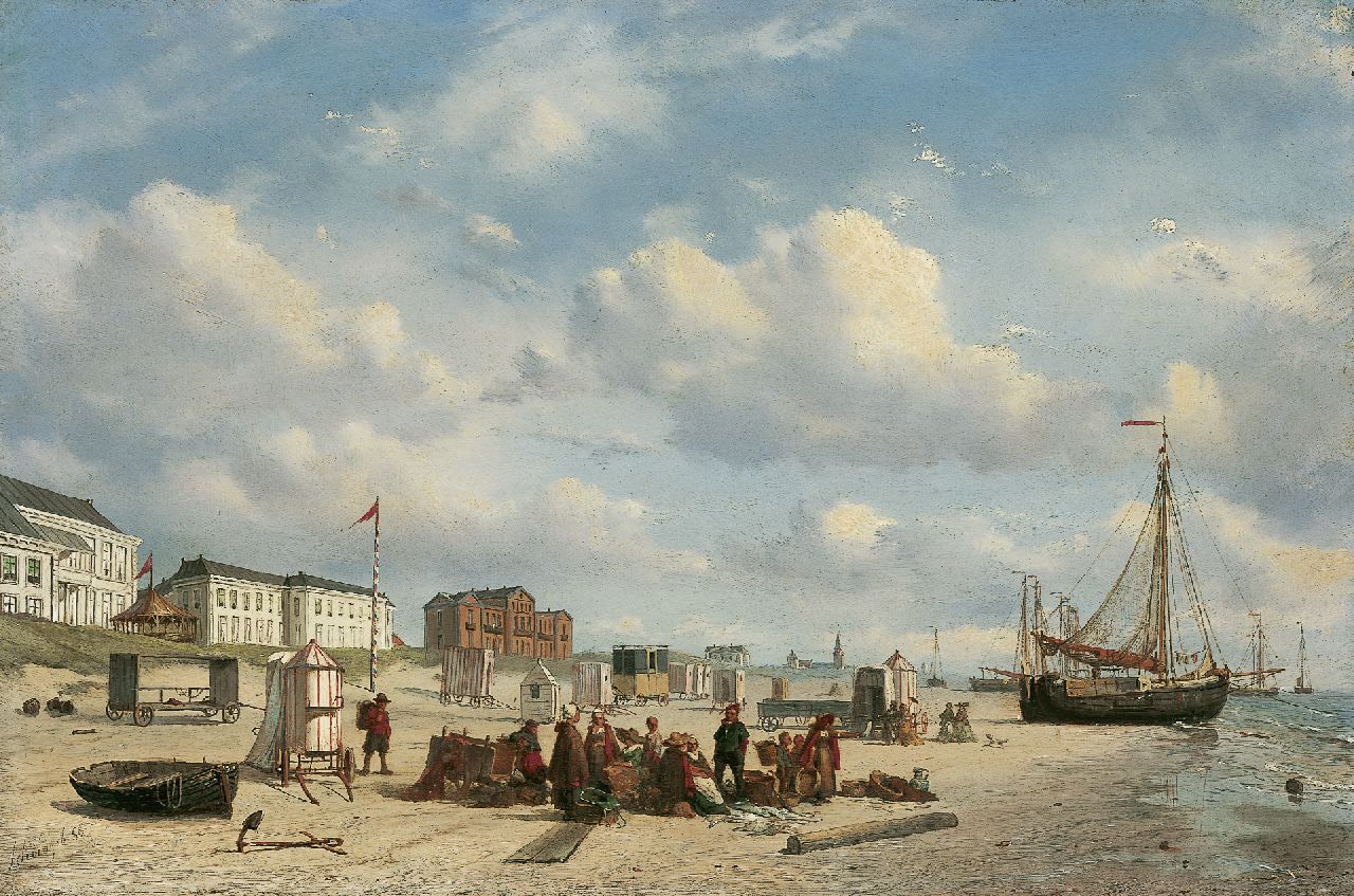 Schiedges P.P.  | Petrus Paulus Schiedges, Een visafslag en elegant gezelschap op het strand van Scheveningen, olieverf op paneel 28,8 x 43,5 cm, gesigneerd linksonder en gedateerd '58
