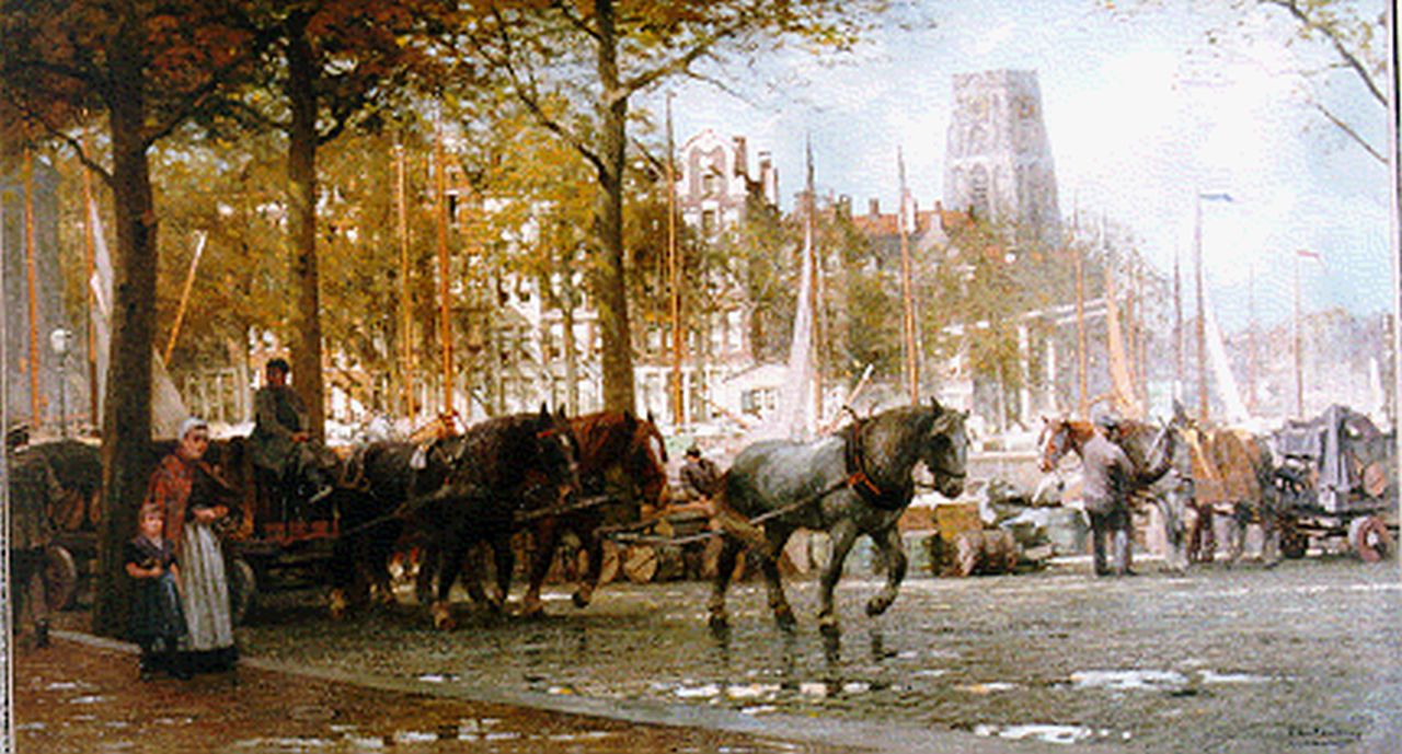 Klinkenberg J.C.K. | Johannes Christiaan Karel Klinkenberg, Bedrijvigheid op de Gelderse Kade te Rotterdam, olieverf op doek 90,0 x 150,4 cm, gesigneerd rechtsonder Klinkenberg J.C.K. | Johannes Christiaan Karel Klinkenberg, Bedrijvigheid op de Gelderse Kade te Rotterdam, olieverf op doek 90,0 x 150,4 cm, gesigneerd rechtsonder