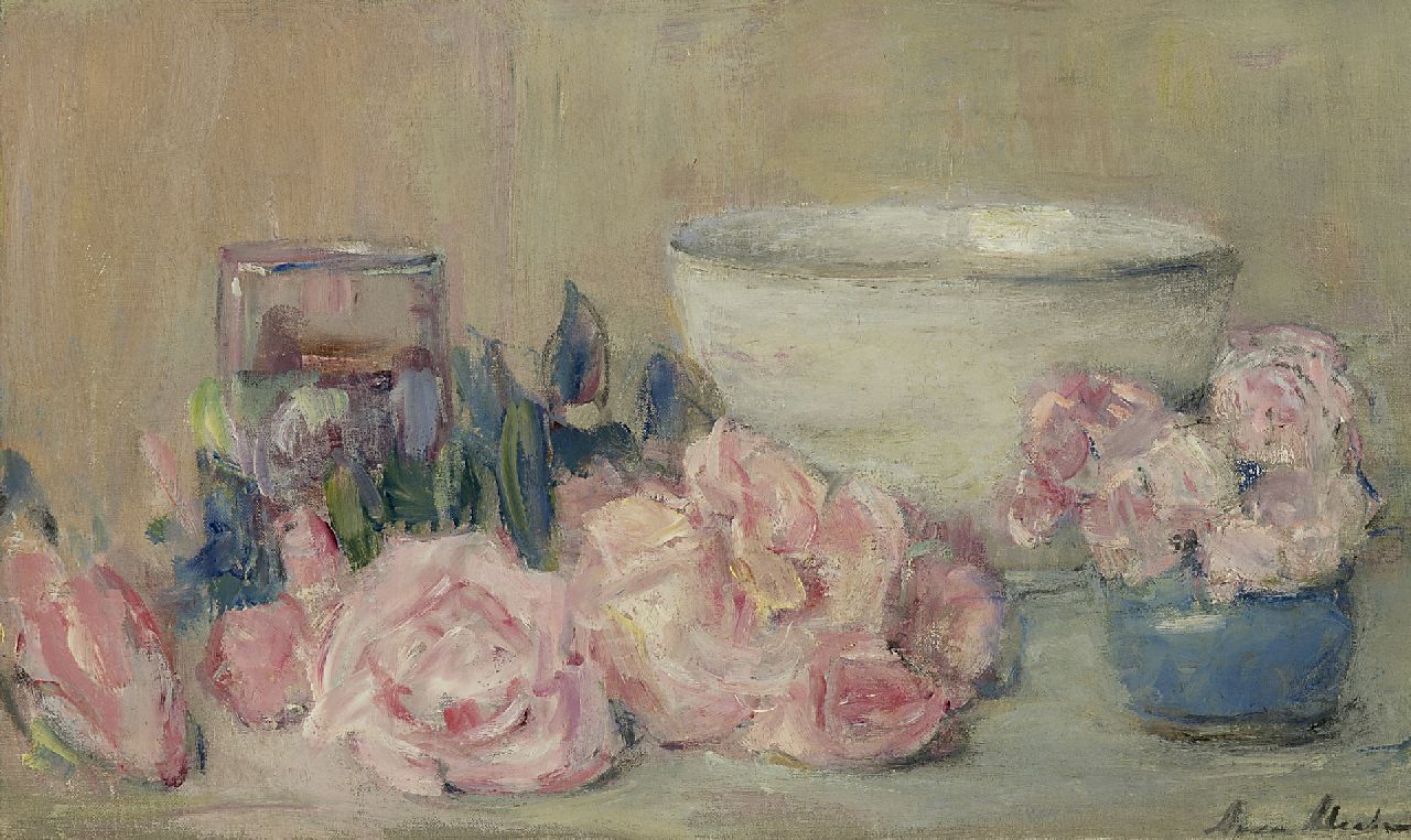 Abrahams A.A. | Anna Adelaïde Abrahams, Stilleven van roze rozen, olieverf op doek 30,5 x 50,0 cm, gesigneerd rechtsonder Abrahams A.A. | Anna Adelaïde Abrahams, Stilleven van roze rozen, olieverf op doek 30,5 x 50,0 cm, gesigneerd rechtsonder