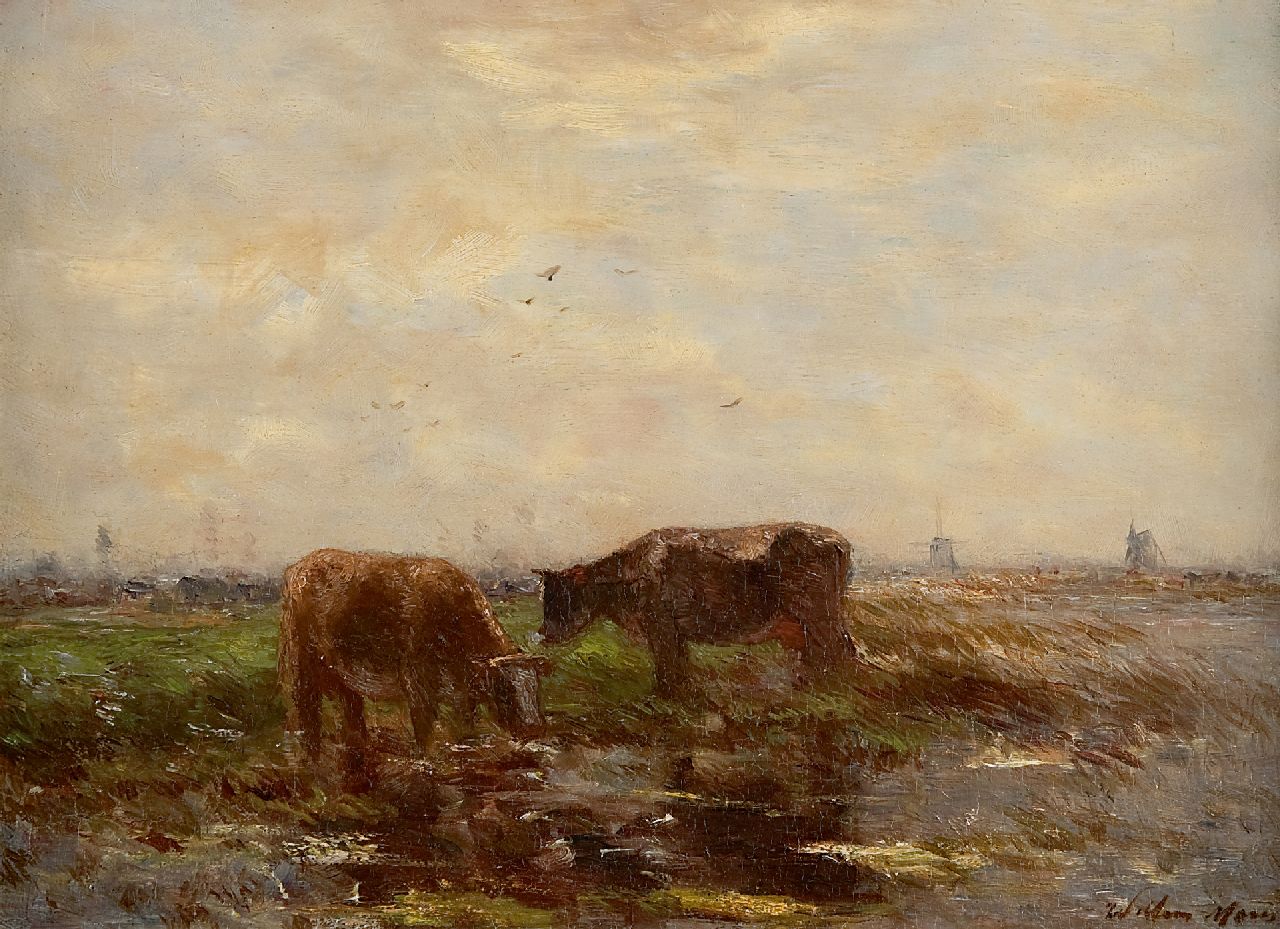 Maris W. | Willem Maris, Grazende koeien in polderlandschap, olieverf op paneel 24,1 x 32,6 cm, gesigneerd rechtsonder Maris W. | Willem Maris, Grazende koeien in polderlandschap, olieverf op paneel 24,1 x 32,6 cm, gesigneerd rechtsonder