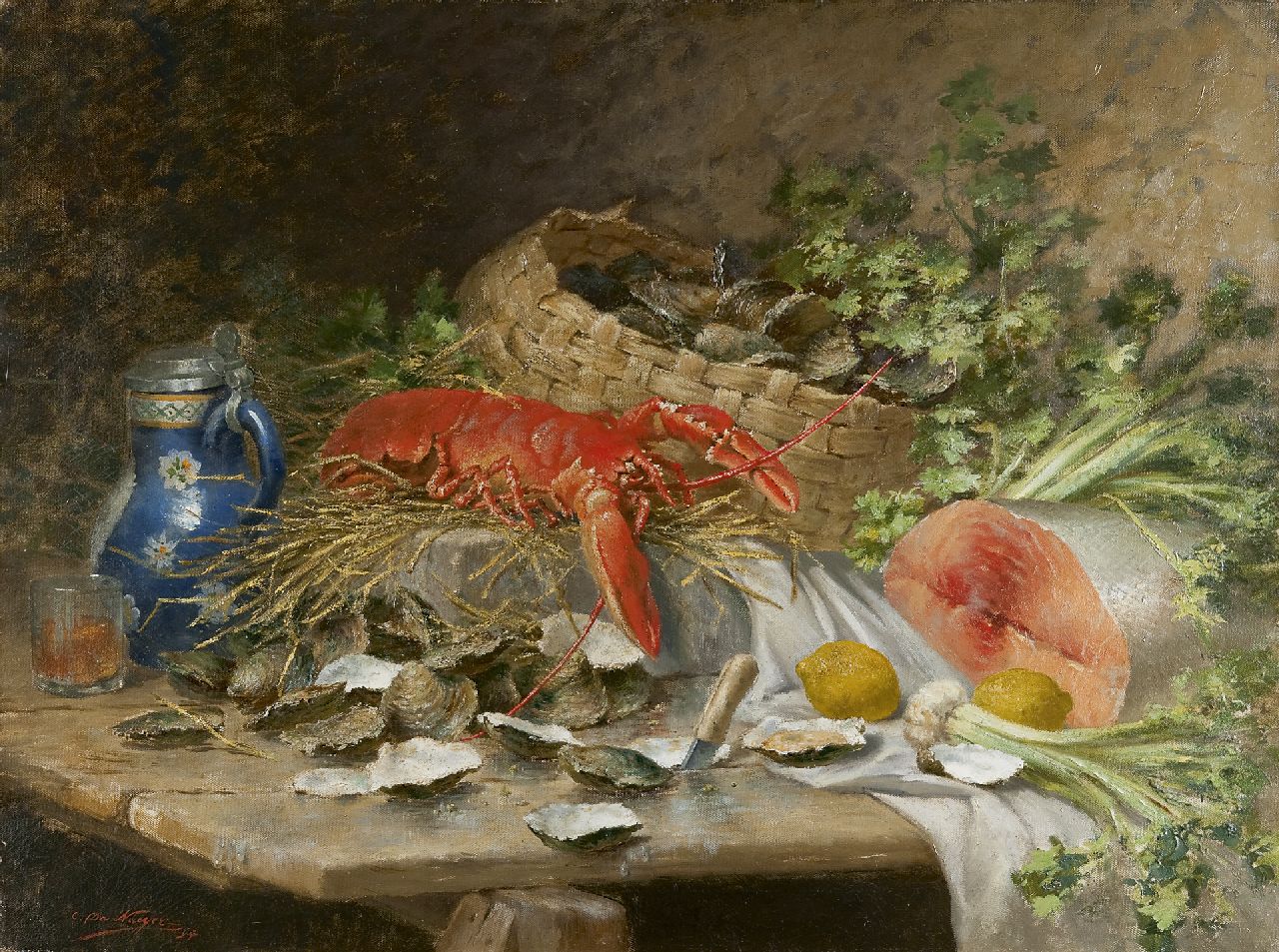 Naeyer C. de | Charles de Naeyer, Stilleven met een kreeft, zalm en oesters, olieverf op doek 75,4 x 100,6 cm, gesigneerd linksonder en gedateerd '94 Naeyer C. de | Charles de Naeyer, Stilleven met een kreeft, zalm en oesters, olieverf op doek 75,4 x 100,6 cm, gesigneerd linksonder en gedateerd '94