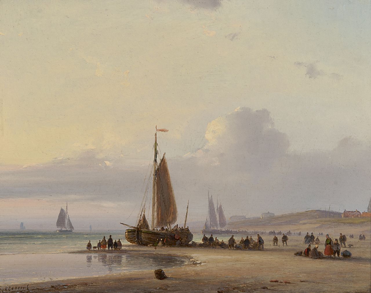 Kleijn L.J. | Lodewijk Johannes Kleijn, Bomschuit en vissersvolk op het strand van Scheveningen, olieverf op paneel 18,7 x 23,5 cm, gesigneerd linksonder Kleijn L.J. | Lodewijk Johannes Kleijn, Bomschuit en vissersvolk op het strand van Scheveningen, olieverf op paneel 18,7 x 23,5 cm, gesigneerd linksonder