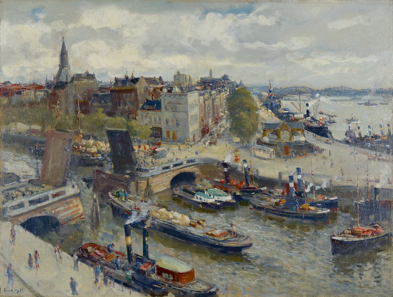 Moll E.  | Evert Moll, Gezicht op de Boompjes, Rotterdam, olieverf op doek 61,0 x 80,7 cm, gesigneerd linksonder