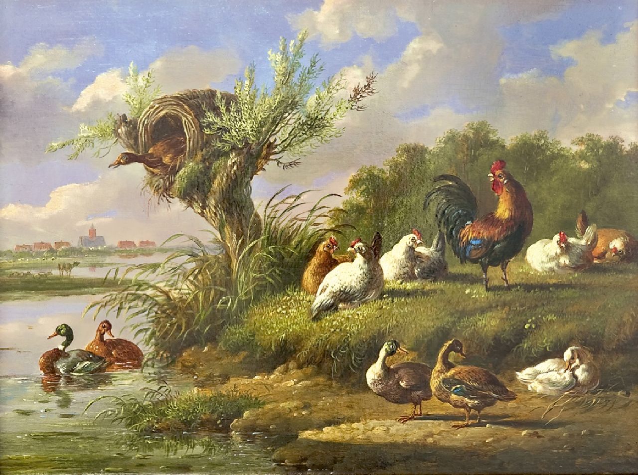 Verhoesen A.  | Albertus Verhoesen, Pluimvee aan het water, olieverf op paneel 20,7 x 27,0 cm