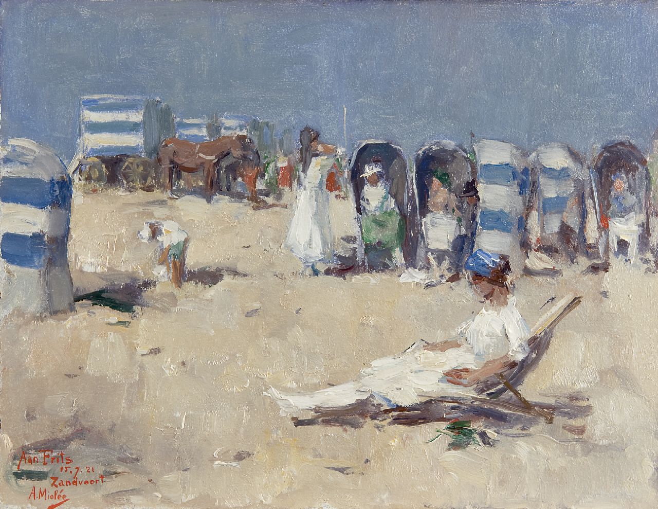 Miolée A.  | Adrianus 'Adriaan' Miolée, Een dagje aan het strand, Zandvoort, olieverf op board 26,8 x 34,8 cm, gesigneerd linksonder en gedateerd 15.7.21