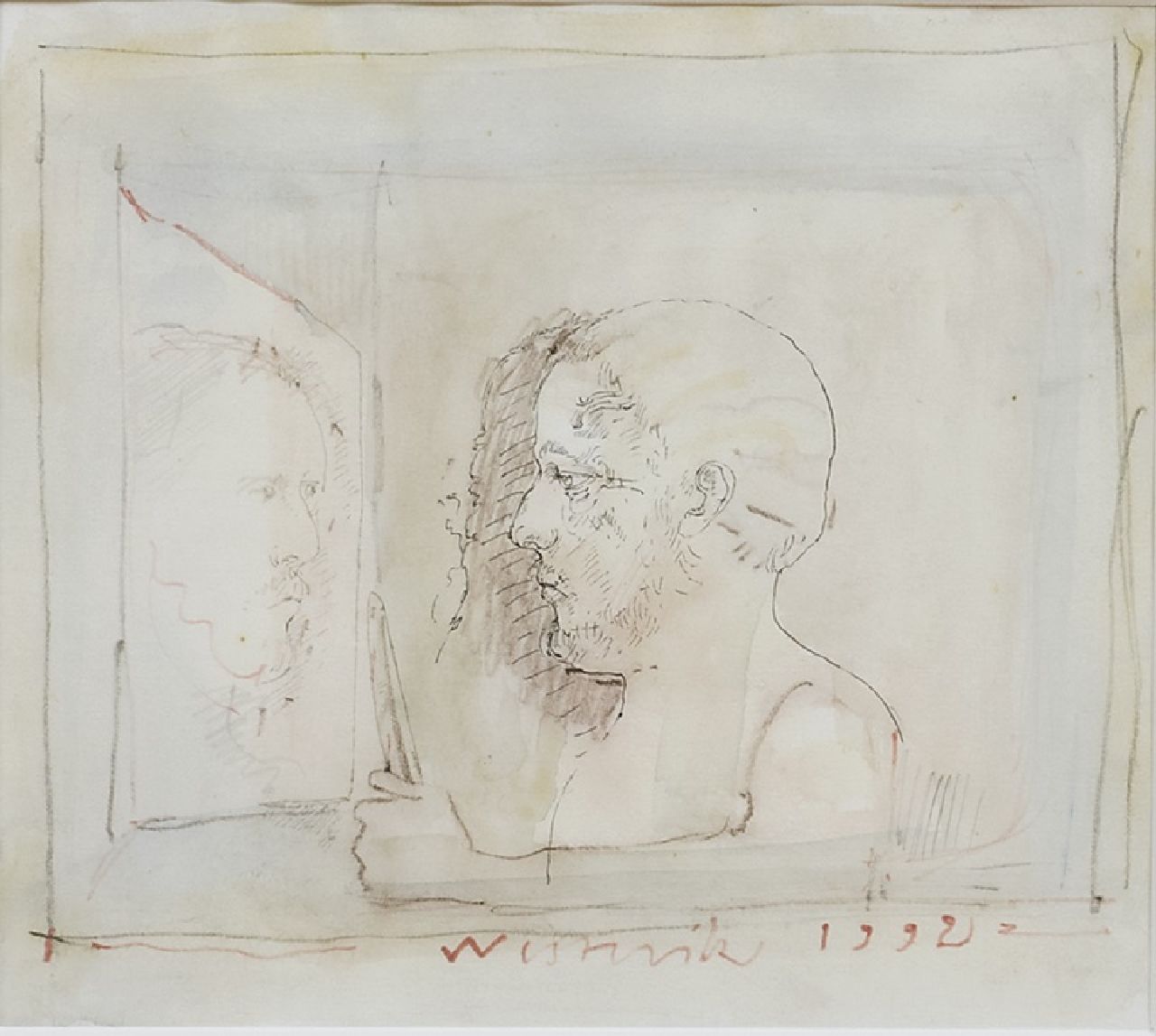Westerik J. | Jacobus 'Co' Westerik | Aquarellen en tekeningen te koop aangeboden | Man met mes en spiegelbeeld, aquarel, krijt en inkt op Japans papier 19,0 x 21,0 cm, gesigneerd middenonder en gedateerd 1992 Westerik J. | Jacobus 'Co' Westerik | Aquarellen en tekeningen te koop aangeboden | Man met mes en spiegelbeeld, aquarel, krijt en inkt op Japans papier 19,0 x 21,0 cm, gesigneerd middenonder en gedateerd 1992