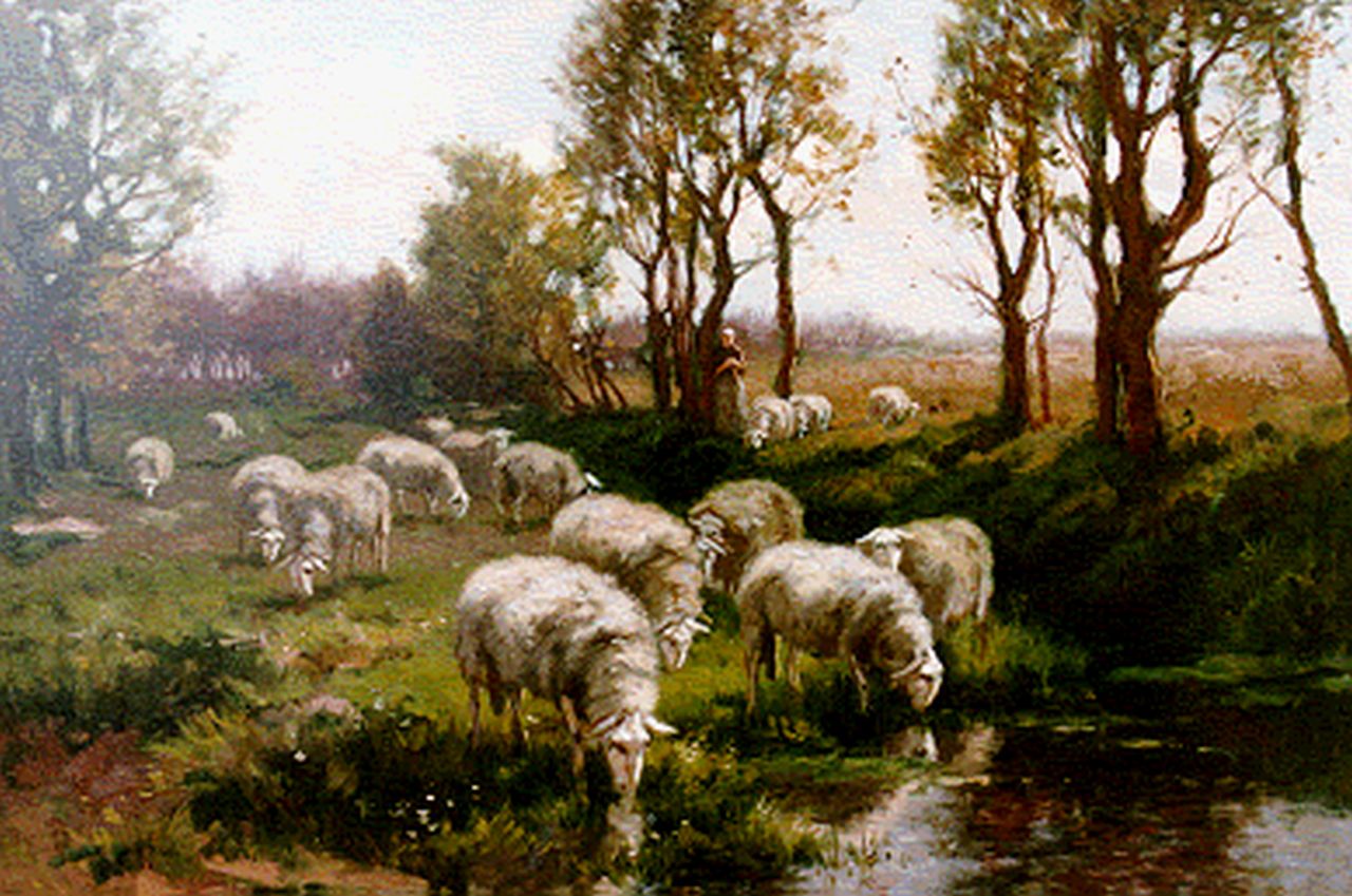 Leurs J.K. | Johannes Karel Leurs, Herderin met kudde schapen, olieverf op doek 47,5 x 67,5 cm, gesigneerd rechtsonder Leurs J.K. | Johannes Karel Leurs, Herderin met kudde schapen, olieverf op doek 47,5 x 67,5 cm, gesigneerd rechtsonder