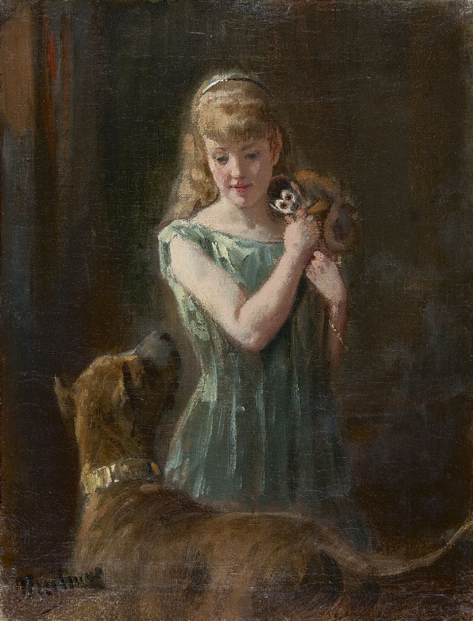 Eerelman O. | Otto Eerelman, Meisje met aapje en hond, olieverf op doek 32,1 x 24,6 cm, gesigneerd linksonder Eerelman O. | Otto Eerelman, Meisje met aapje en hond, olieverf op doek 32,1 x 24,6 cm, gesigneerd linksonder