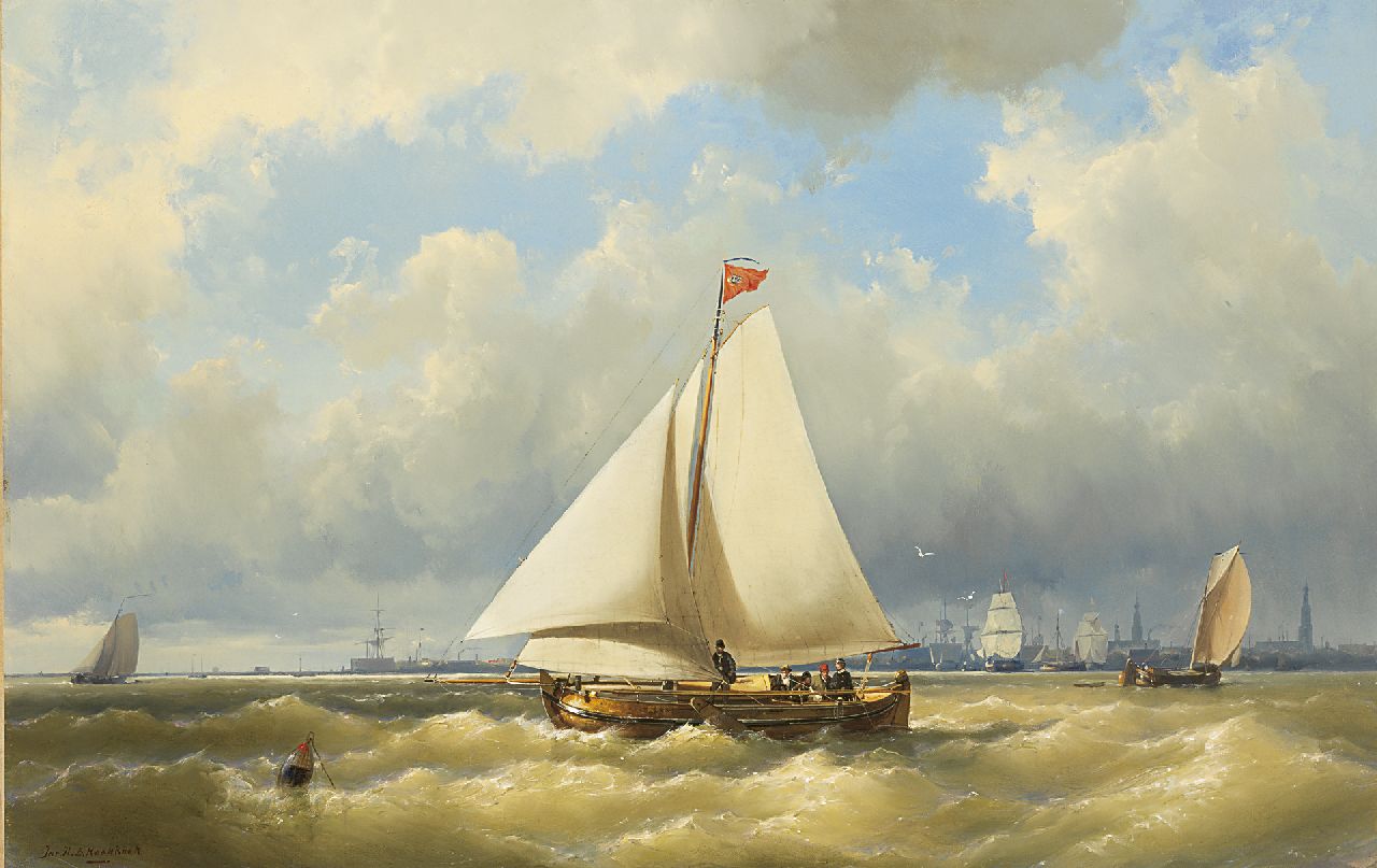 Koekkoek J.H.B. | Johannes Hermanus Barend 'Jan H.B.' Koekkoek, Zeilende boeier voor het havenfront van Amsterdam, olieverf op doek 59,9 x 93,3 cm, gesigneerd linksonder Koekkoek J.H.B. | Johannes Hermanus Barend 'Jan H.B.' Koekkoek, Zeilende boeier voor het havenfront van Amsterdam, olieverf op doek 59,9 x 93,3 cm, gesigneerd linksonder