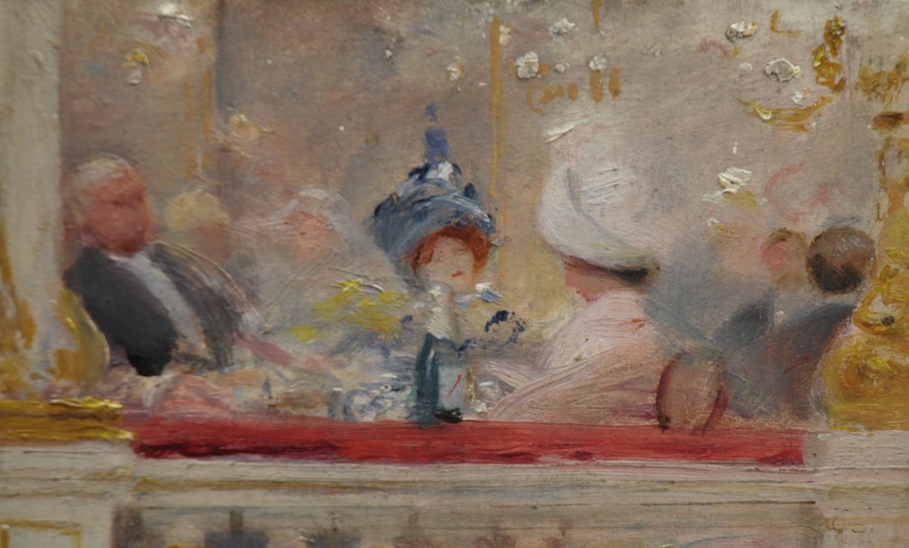 Guillaume A.  | Albert Guillaume, De soiree, olieverf op paneel 7,8 x 12,8 cm, gesigneerd rechtsonder resten van signatuur