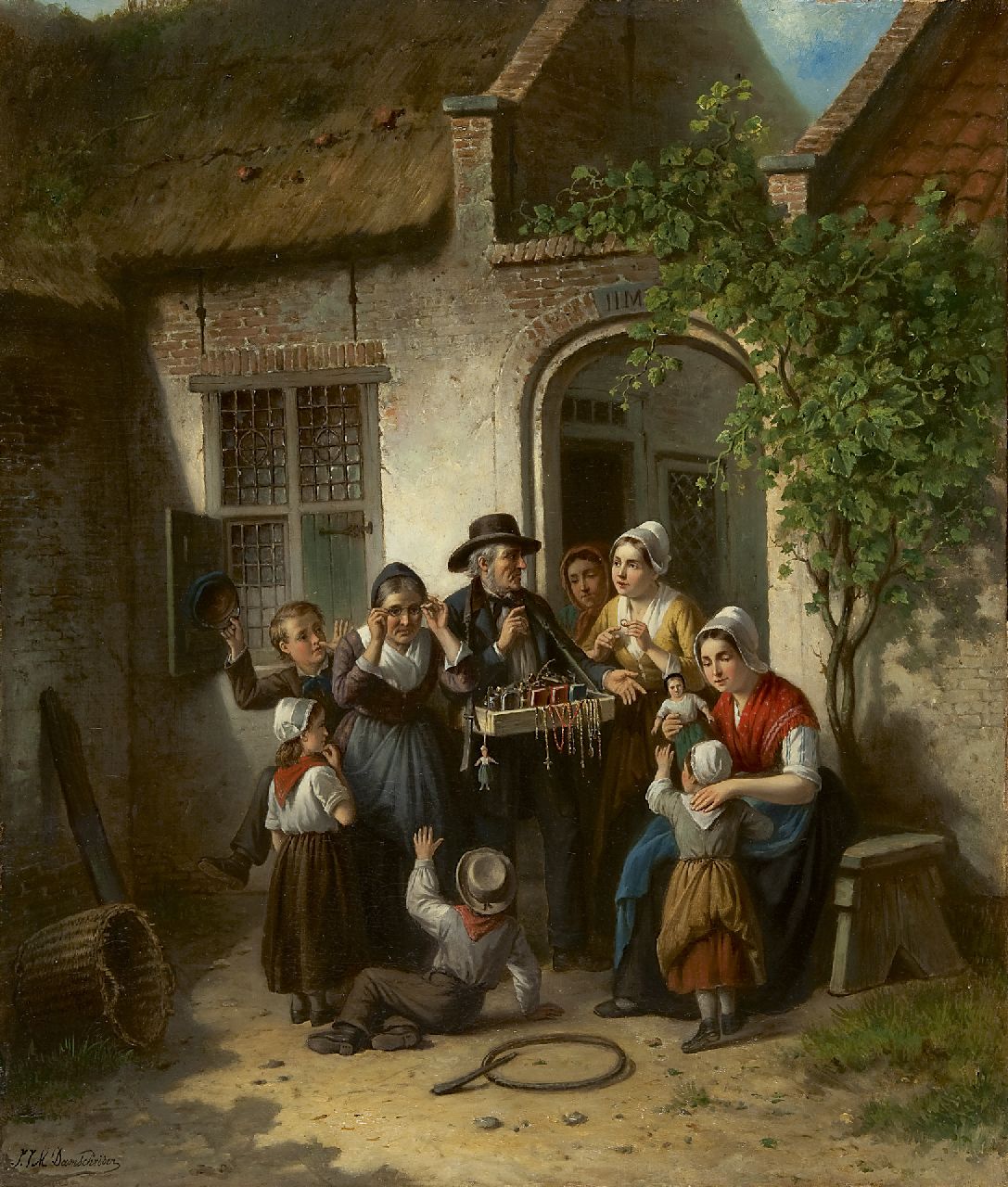 Damschreuder J.J.M.  | Jan Jacobus Matthijs Damschreuder, De marskramer, olieverf op doek op board 73,7 x 62,8 cm, gesigneerd linksonder en op resten van etiket op spieraam en gedateerd 1873 op resten van etiket op spieraam