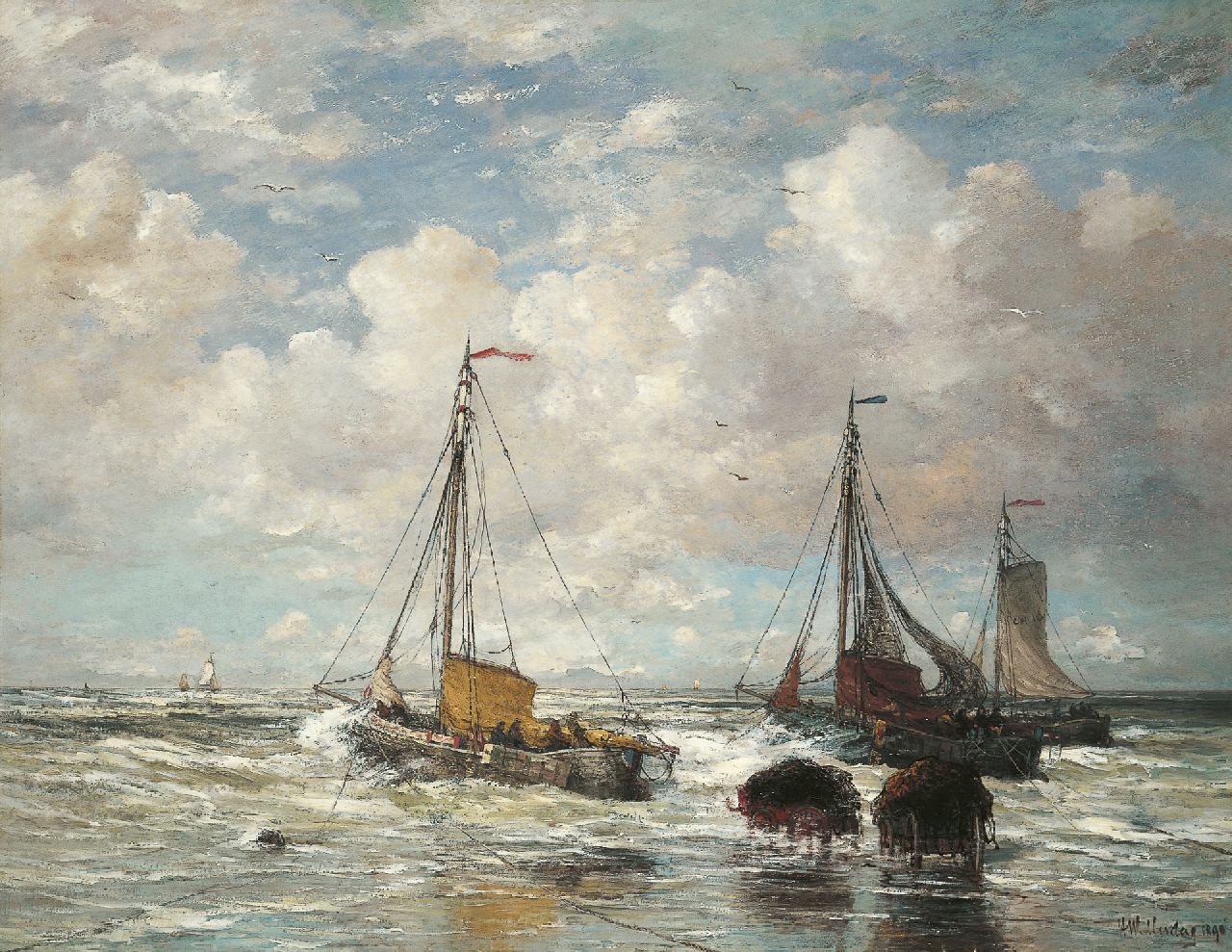Mesdag H.W. | Hendrik Willem Mesdag, Het uitvaren van de vloot, Scheveningen, olieverf op doek 138,7 x 178,6 cm, gesigneerd rechtsonder en gedateerd 1890 Mesdag H.W. | Hendrik Willem Mesdag, Het uitvaren van de vloot, Scheveningen, olieverf op doek 138,7 x 178,6 cm, gesigneerd rechtsonder en gedateerd 1890