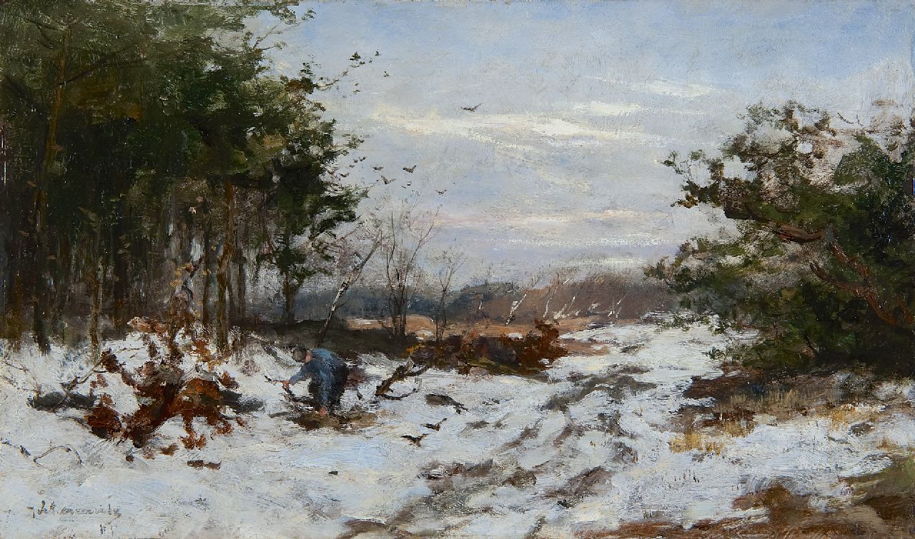 Scherrewitz J.F.C. | Johan Frederik Cornelis Scherrewitz, Houtsprokkelaar in winters duinlandschap, olieverf op paneel 24,9 x 42,0 cm, gesigneerd linksonder Scherrewitz J.F.C. | Johan Frederik Cornelis Scherrewitz, Houtsprokkelaar in winters duinlandschap, olieverf op paneel 24,9 x 42,0 cm, gesigneerd linksonder