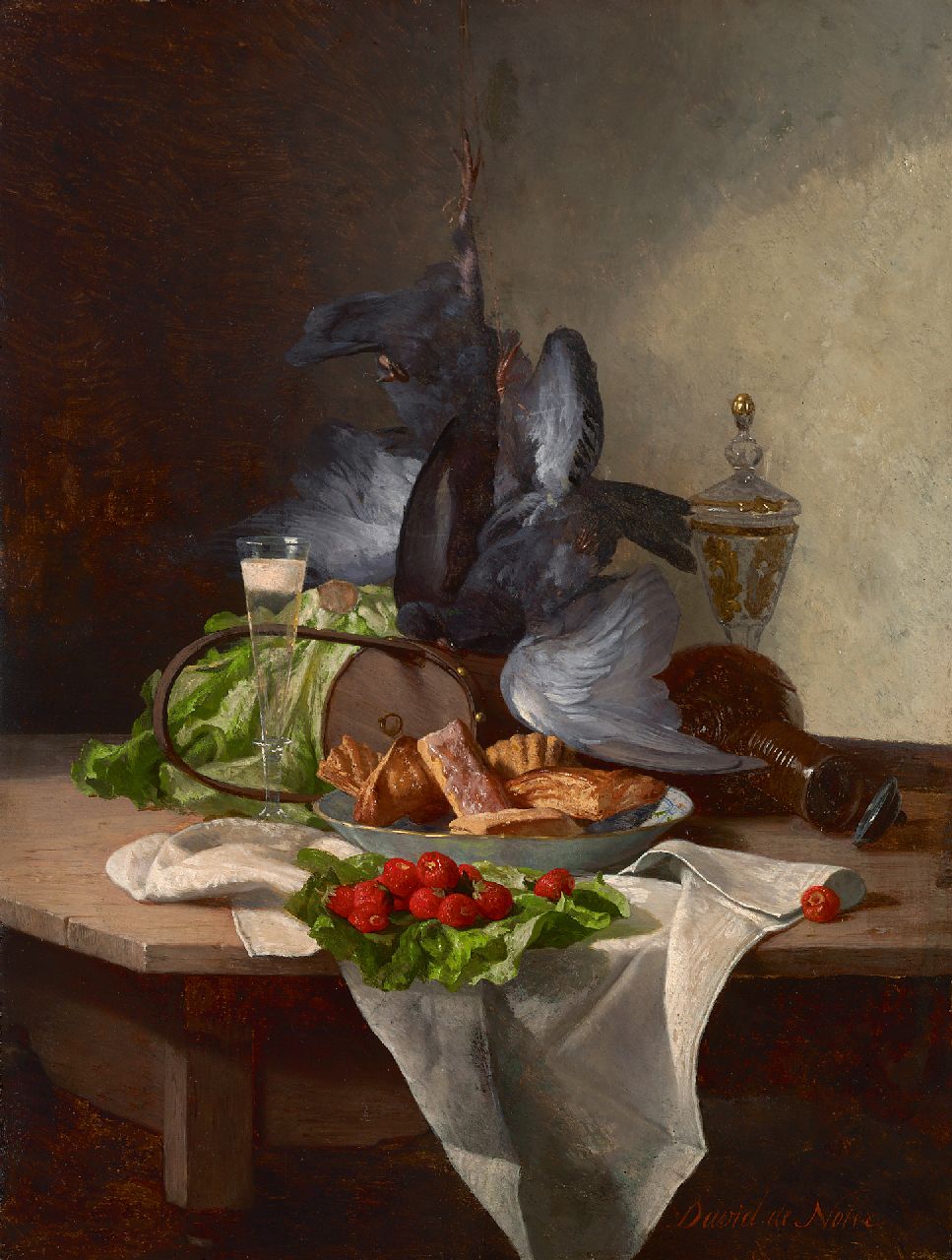Noter D.E.J. de | 'David' Emile Joseph de Noter | Schilderijen te koop aangeboden | Stilleven met groente, pastei en wild, olieverf op paneel 30,4 x 22,8 cm, gesigneerd rechtsonder Noter D.E.J. de | 'David' Emile Joseph de Noter | Schilderijen te koop aangeboden | Stilleven met groente, pastei en wild, olieverf op paneel 30,4 x 22,8 cm, gesigneerd rechtsonder