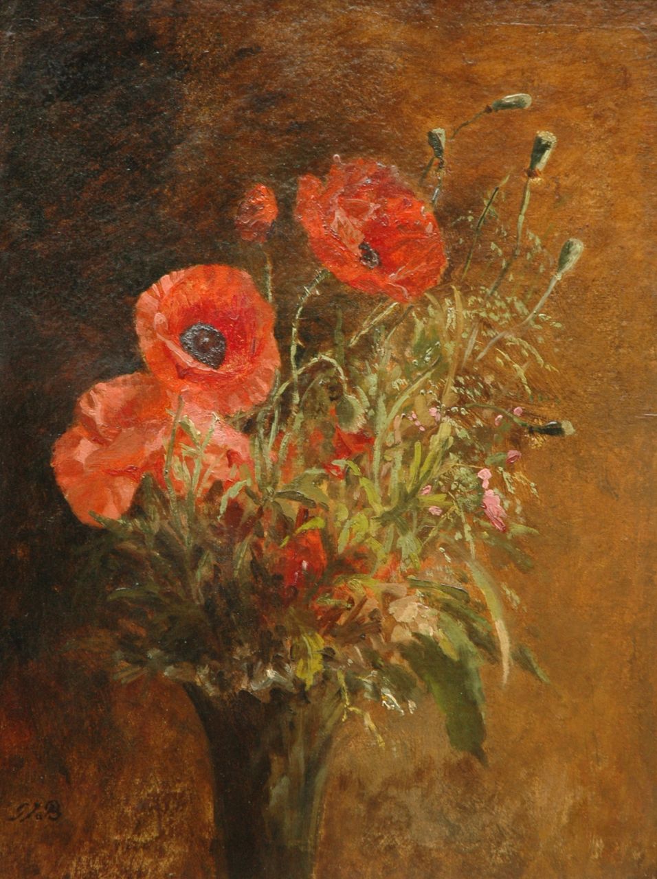 Sande Bakhuyzen G.J. van de | 'Gerardine' Jacoba van de Sande Bakhuyzen, Stilleven met klaprozen, olieverf op schildersboard op paneel 48,0 x 36,2 cm, gesigneerd linksonder met initialen