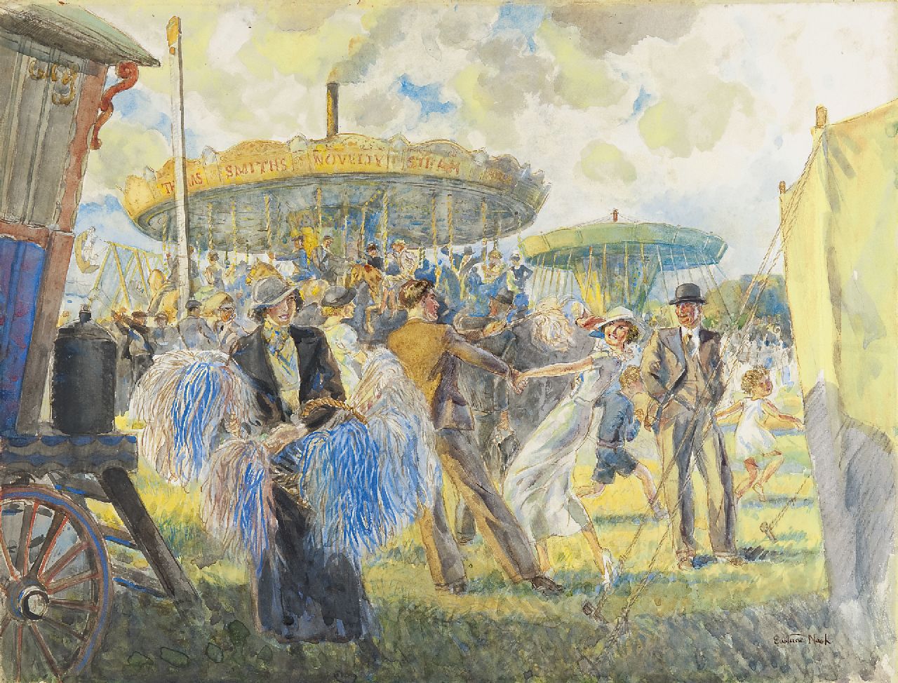 Nash E.P.E.  | Eustace P.E. Nash, Op de jaarmarkt, aquarel en gouache op papier 39,5 x 52,2 cm, gesigneerd rechtsonder