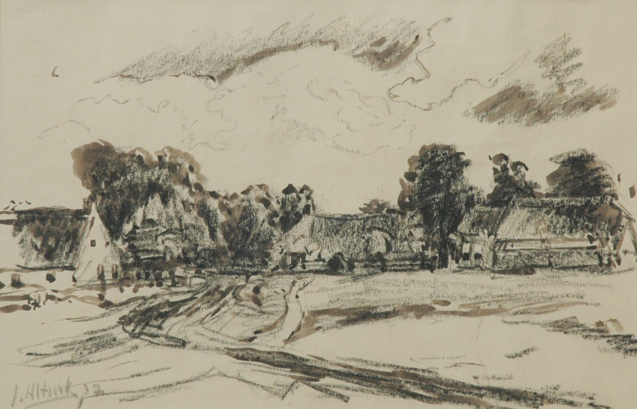 Altink J.  | Jan Altink, Boerderijen, zwart krijt en gewassen inkt op papier 31,8 x 48,7 cm, gesigneerd linksonder en gedateerd '32