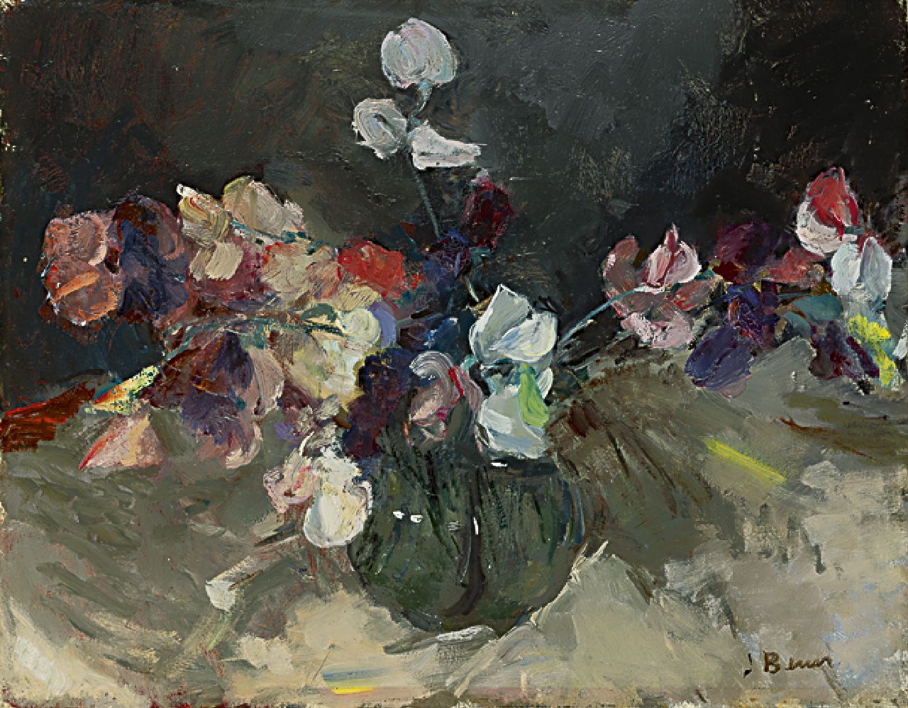 Bauer-Stumpff J. | Johanna 'Jo' Bauer-Stumpff, Vaas met lathyrus, olieverf op doek 37,0 x 47,0 cm, gesigneerd rechtsonder Bauer-Stumpff J. | Johanna 'Jo' Bauer-Stumpff, Vaas met lathyrus, olieverf op doek 37,0 x 47,0 cm, gesigneerd rechtsonder