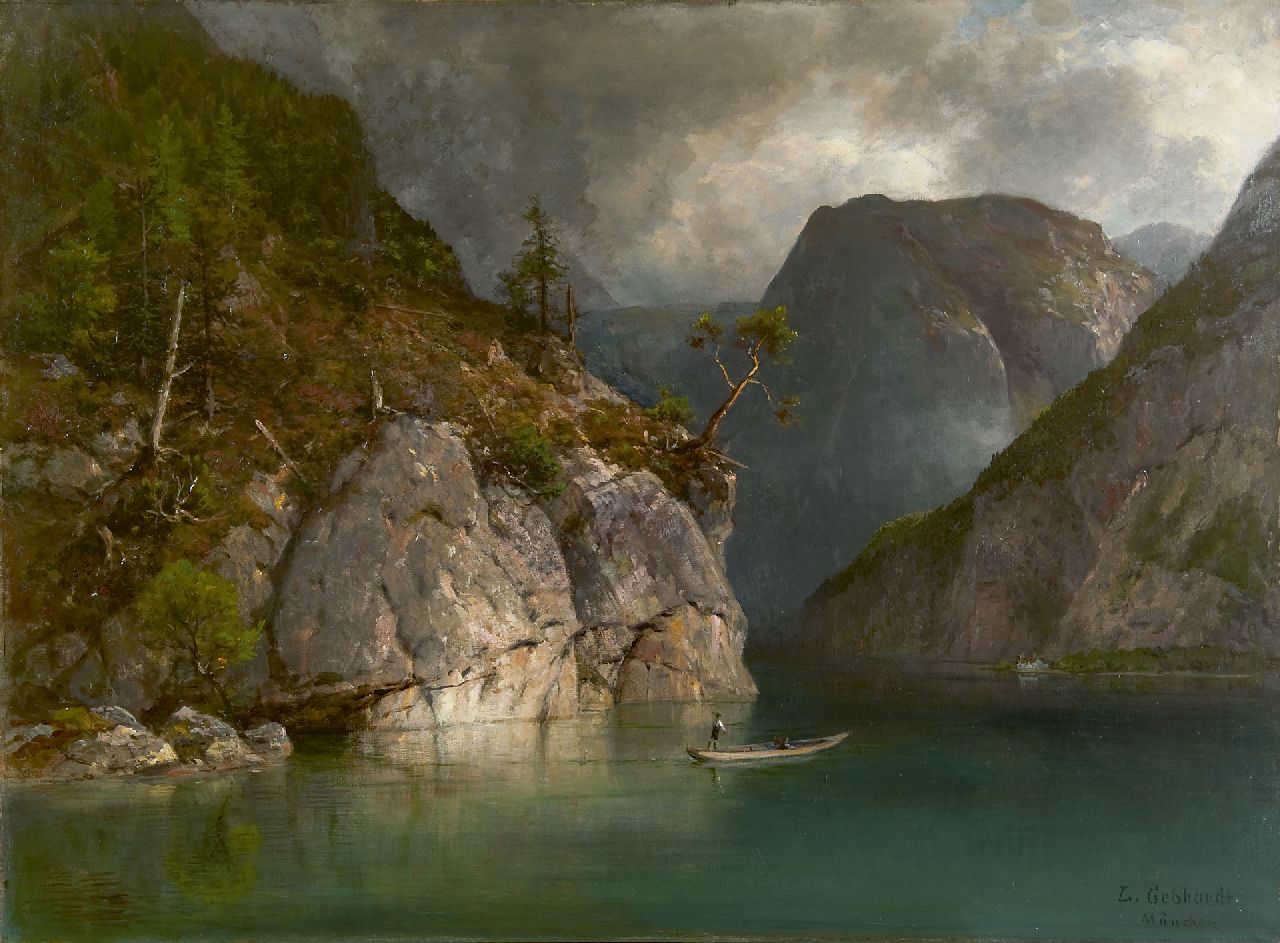 Gebhardt L. | Ludwig Gebhardt, De Königssee in Beieren, olieverf op doek 72,0 x 98,0 cm, gesigneerd rechtsonder en verso gedateerd 'München 1902' Gebhardt L. | Ludwig Gebhardt, De Königssee in Beieren, olieverf op doek 72,0 x 98,0 cm, gesigneerd rechtsonder en verso gedateerd 'München 1902'