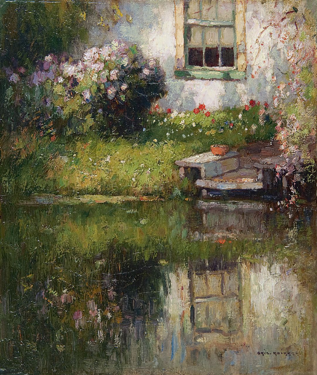 Knikker A. | Aris Knikker, Zonnig bloementuintje bij het water, olieverf op doek 32,5 x 27,4 cm, gesigneerd rechtsonder Knikker A. | Aris Knikker, Zonnig bloementuintje bij het water, olieverf op doek 32,5 x 27,4 cm, gesigneerd rechtsonder